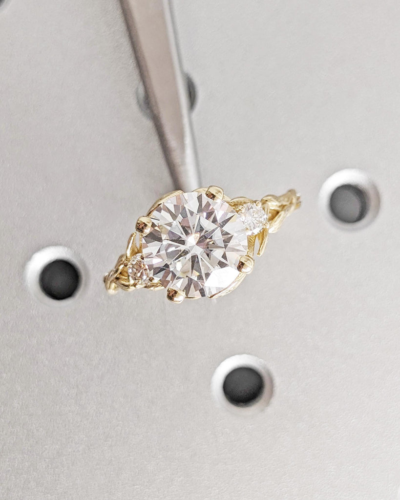 Nature Leaf Engagement Ring: 3CT Round Cut Lab Grown Diamond, Vine Branch Leaf Flower Ring, Alternative Promise Ring, 14K Yellow Gold