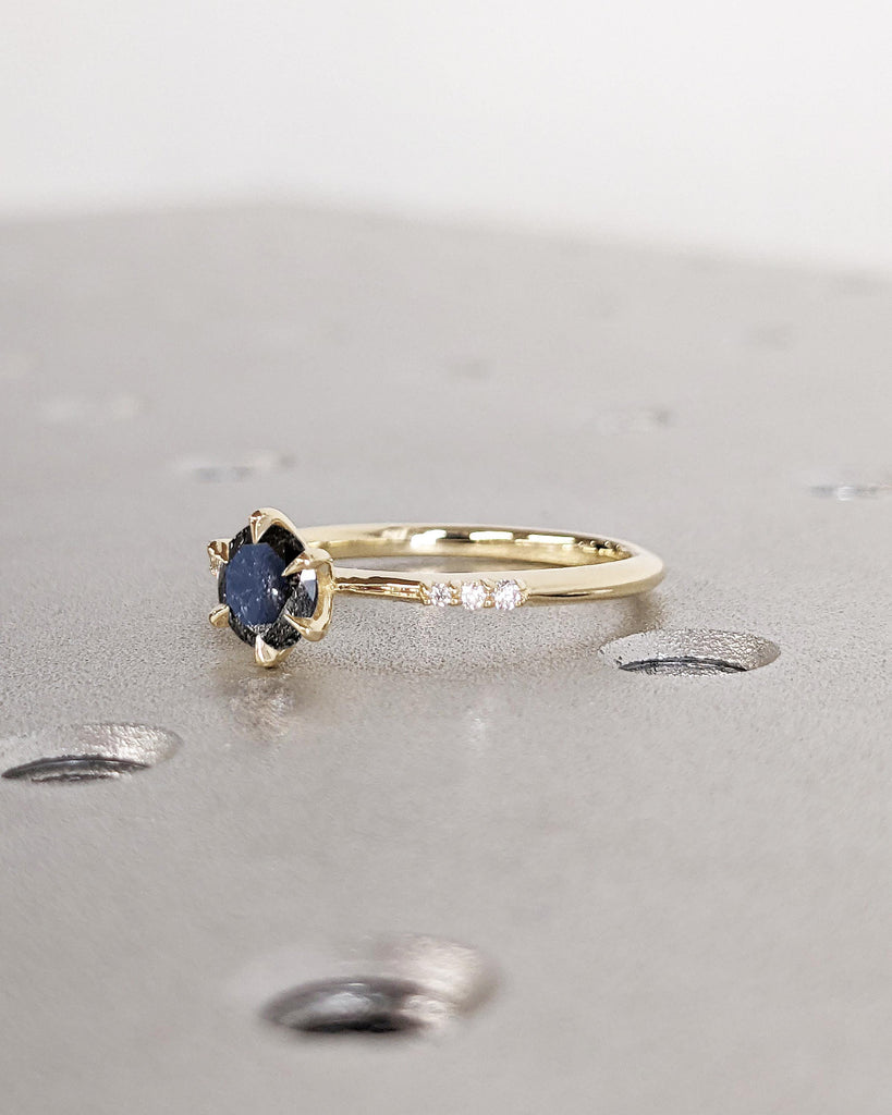 Salt and Pepper Diamond Dainty Ring | Solid Gold Thin Solitaire Ring | Small Engagement Ring | Tapered Band Ring | Minimalist Promise Rings