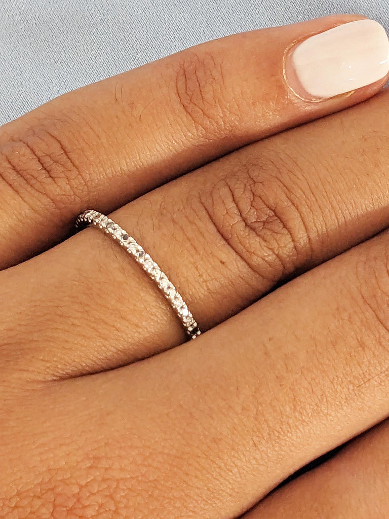 Dainty Pavé Round Black and White Diamond Ring, 14K Solid White Gold Stacking Engagement Ring, Thin Eternity Diamond Women’s Wedding Band
