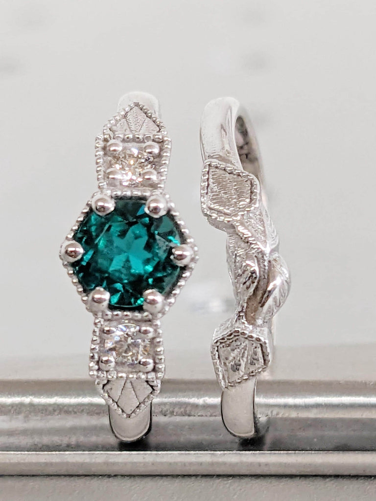 Vintage Emerald Wedding Ring Set: 14K White Gold Ring, Bridal Jewelry