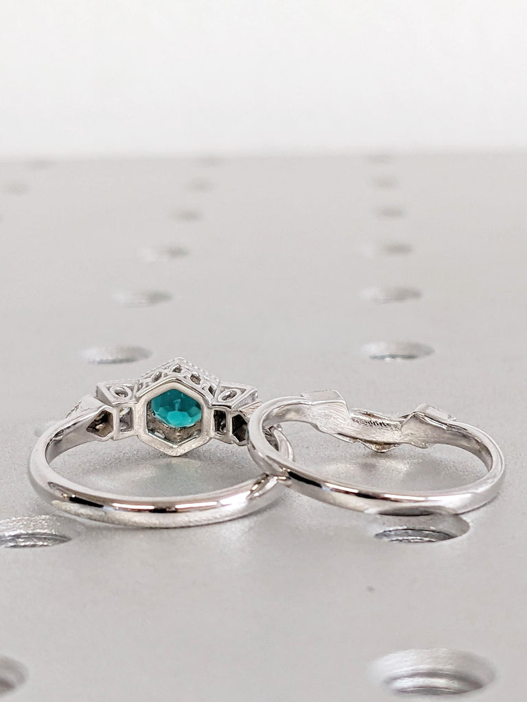 Vintage Emerald Wedding Ring Set: 14K White Gold Ring, Bridal Jewelry