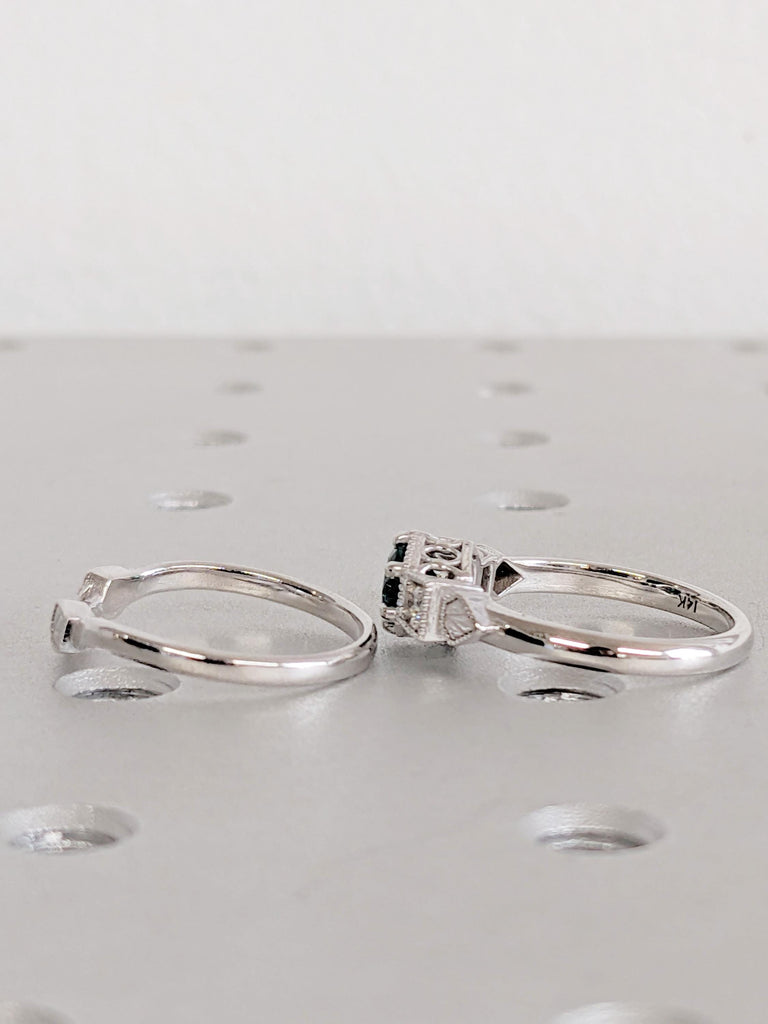 Vintage Emerald Wedding Ring Set: 14K White Gold Ring, Bridal Jewelry