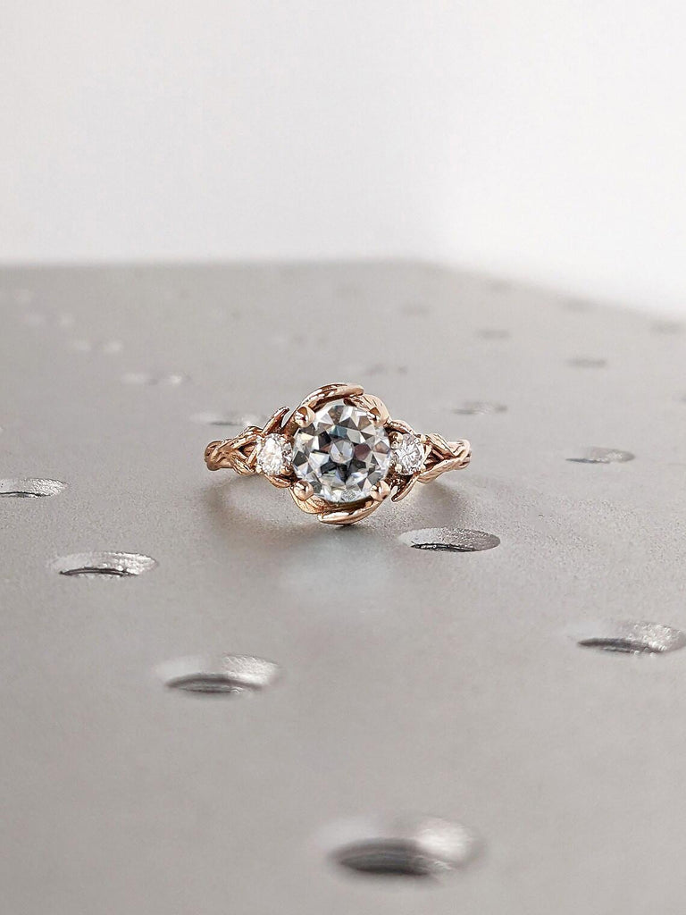 Unique Rose Gold Vine Moissanite Promise Ring | Old Mine-cut Round Moissanite Nature Inspired Engagement Ring | Twig & Leaf Wedding Ring
