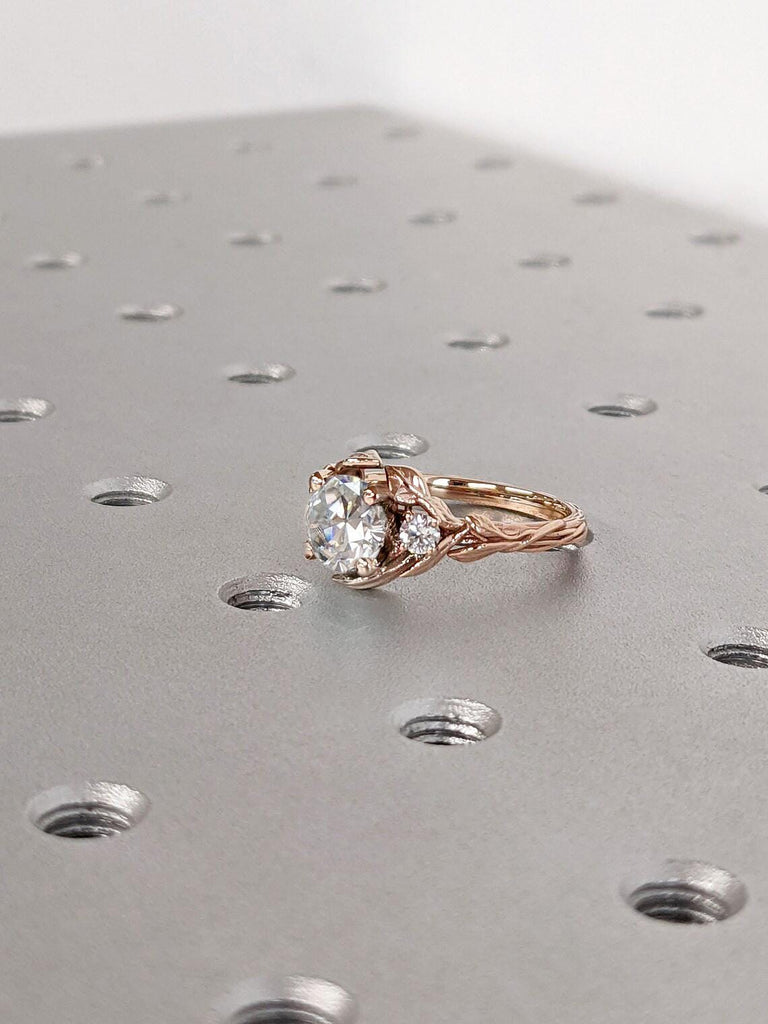 Unique Rose Gold Vine Moissanite Promise Ring | Old Mine-cut Round Moissanite Nature Inspired Engagement Ring | Twig & Leaf Wedding Ring