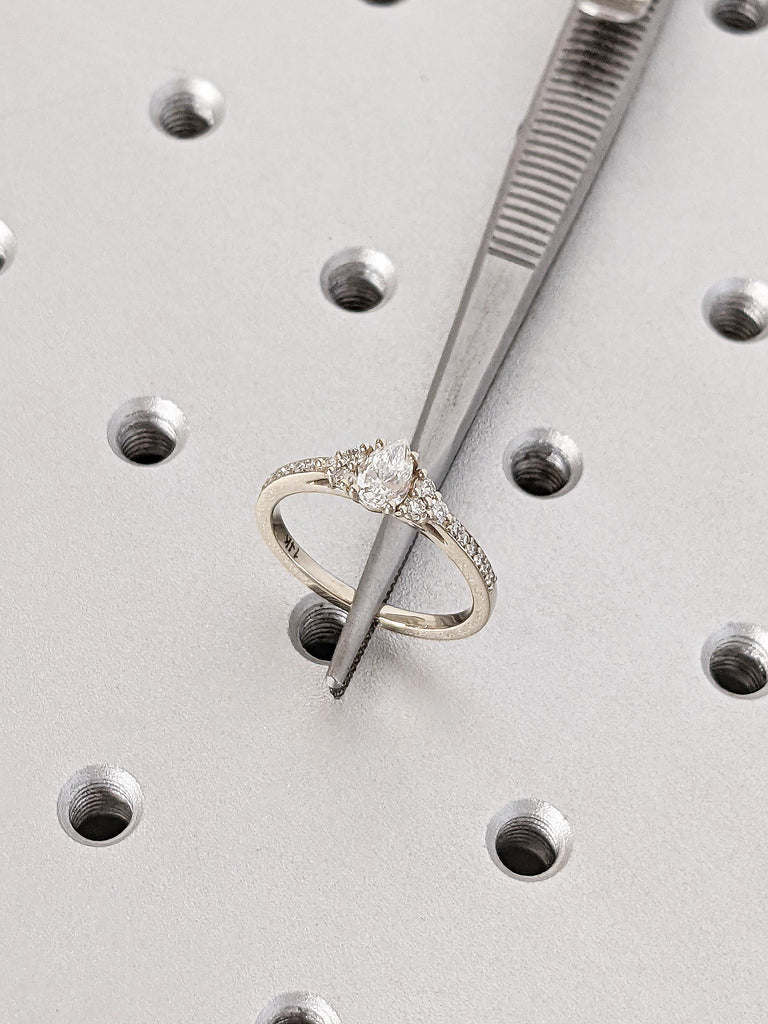 Pear Cut Lab Diamond Engagement Ring, Vintage Art Deco Ring, 14K Solid White Gold Dainty Pavé Diamond Wedding Band