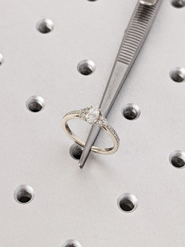 Pear Cut Moissanite Engagement Ring, Vintage Art Deco Ring, 14K Solid White Gold Dainty Pavé Diamond Wedding Band