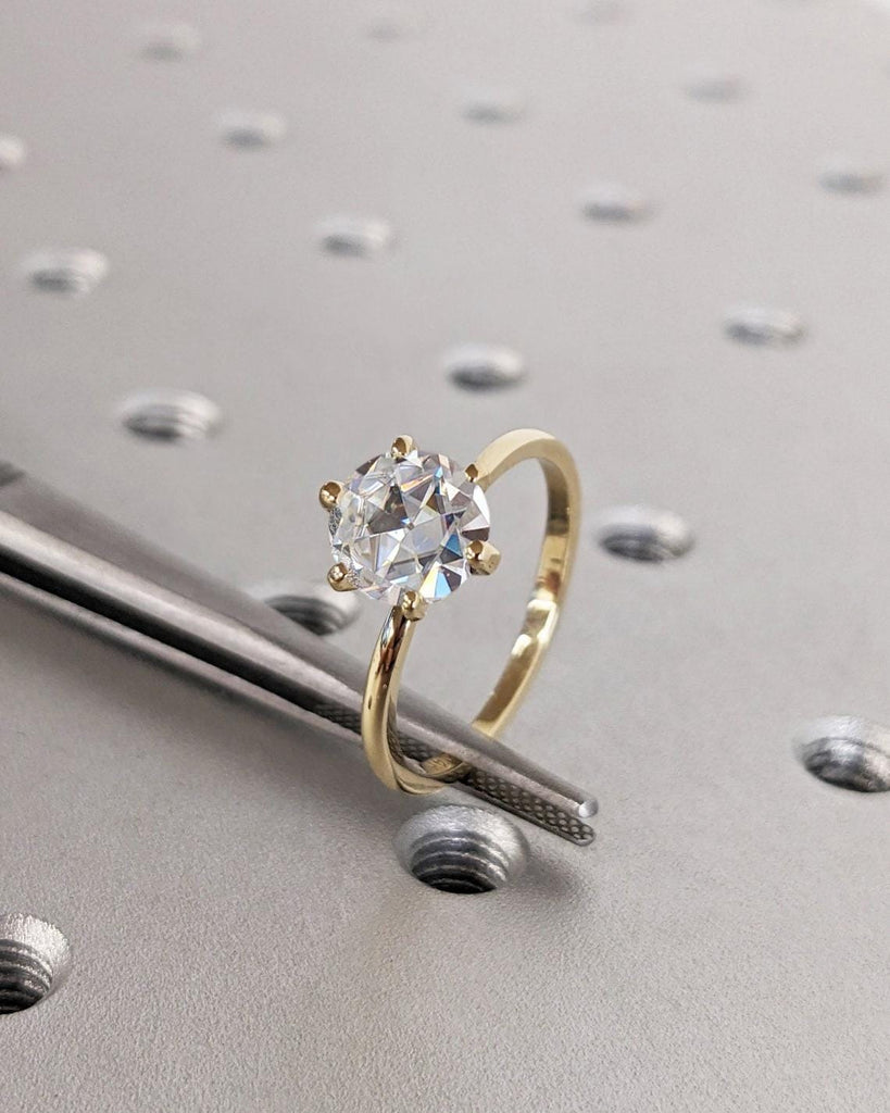 Vintage Old Mine cut VVS Moissanite Solitaire Engagement Ring | 1ct, 2ct, 3ct, 4ct Round Moissanite Ring | 14k Yellow Gold Rings for Women