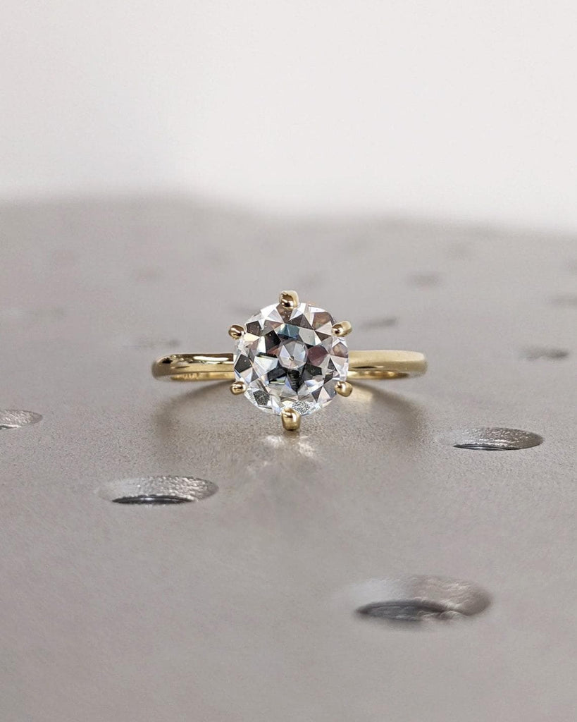 Vintage Old Mine cut VVS Moissanite Solitaire Engagement Ring | 1ct, 2ct, 3ct, 4ct Round Moissanite Ring | 14k Yellow Gold Rings for Women