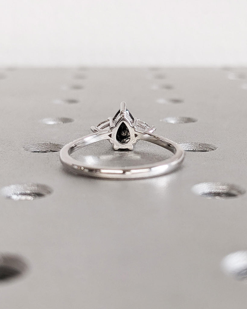 Pear Salt and Pepper Diamond Engagement Ring | Three Diamond Ring | Trillion Ring | White Gold Engagement Ring | Unique Promise Ring for Her