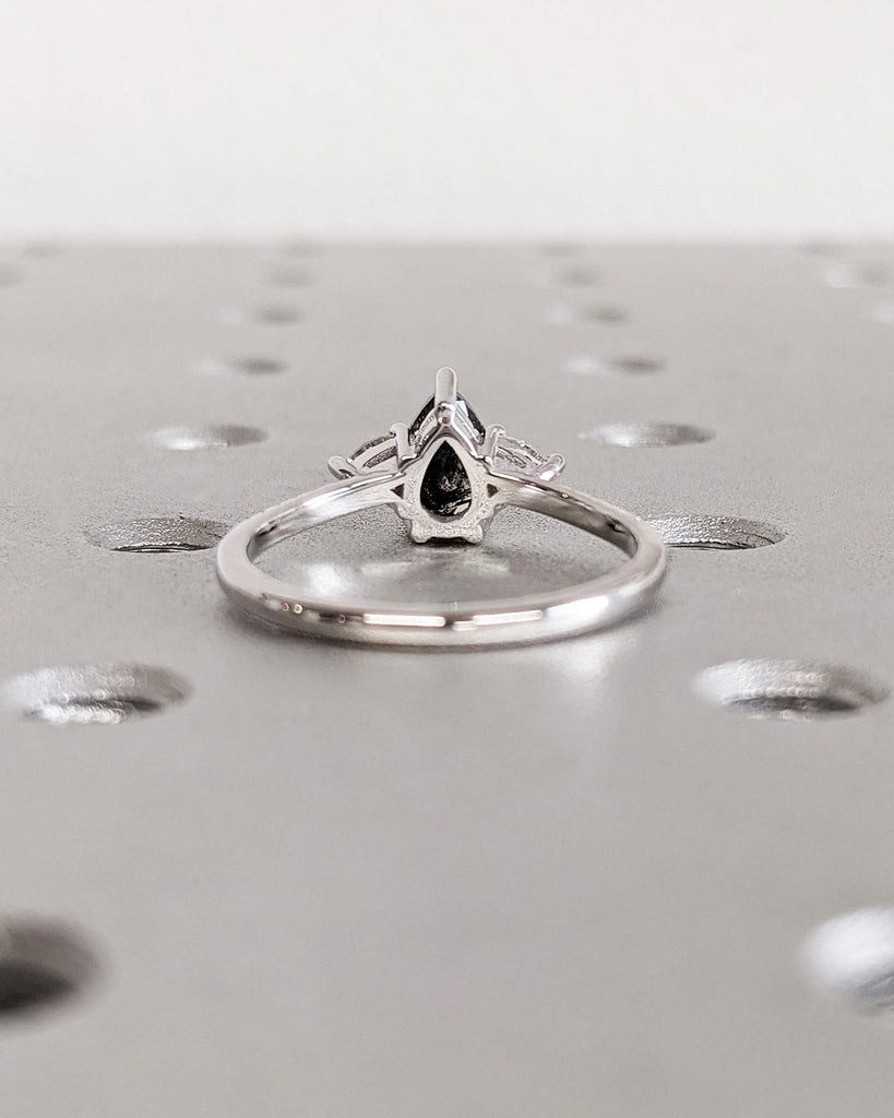 Pear Salt and Pepper Diamond Engagement Ring: Trillion Cut & Pear Diamond Ring | 18K White Gold Promise Ring | Vintage Wedding Ring