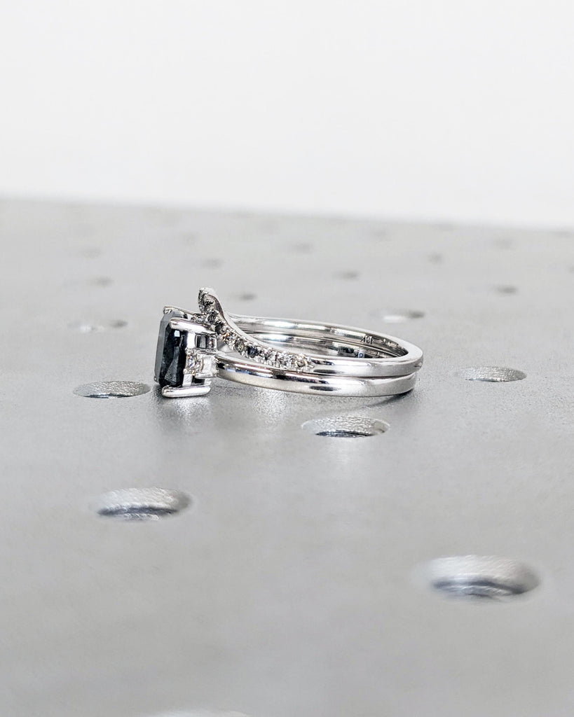 Vintage Wedding Ring Set | Cushion Cut Salt and Pepper Diamond Engagement Ring Set with Matching Curved Diamond Band | 18K White Gold