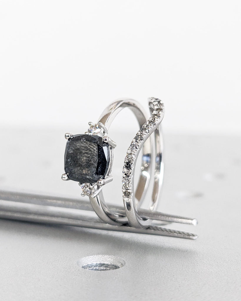 Salt and Pepper Diamond Cushion Ring Set / Salt and Pepper Diamond Vintage Engagement Ring Set 18K White Gold / Vintage Cushion Diamond Ring