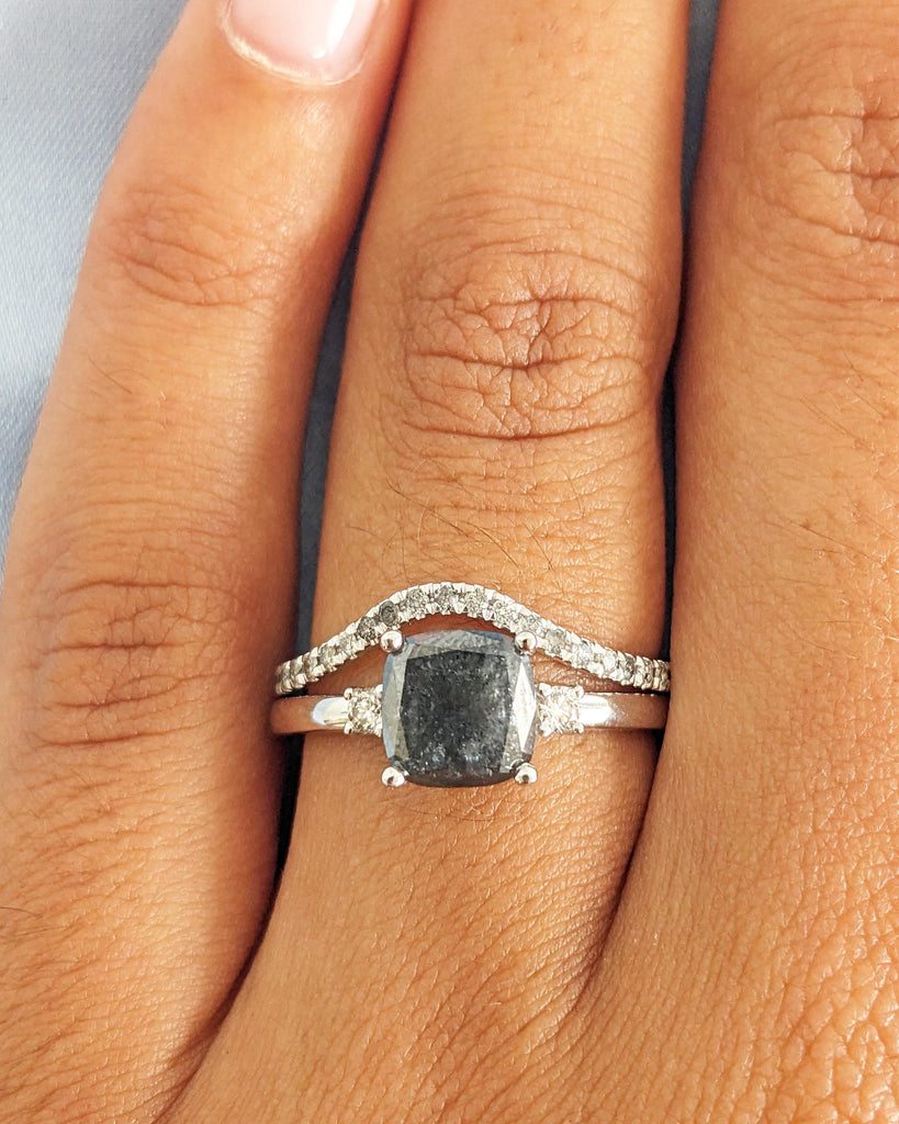 Vintage Wedding Ring Set | Cushion Cut Salt and Pepper Diamond Engagement Ring Set with Matching Curved Diamond Band | 18K White Gold