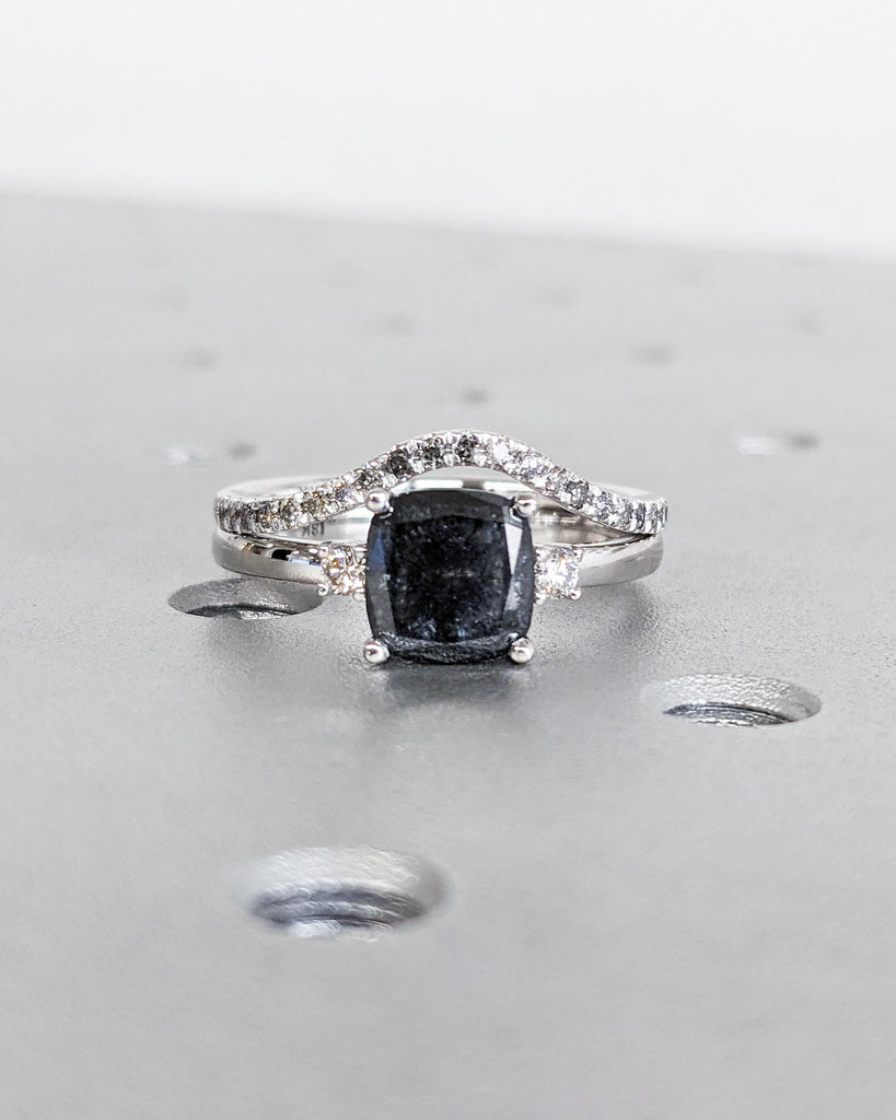 Vintage Wedding Ring Set | Cushion Cut Salt and Pepper Diamond Engagement Ring Set with Matching Curved Diamond Band | 18K White Gold