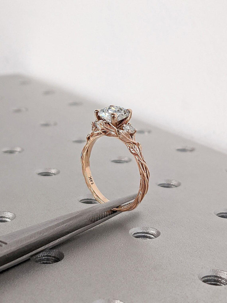 Handmade Twig Branch Leaf Ring | 14k Rose Gold CVD Diamond Engagement Ring