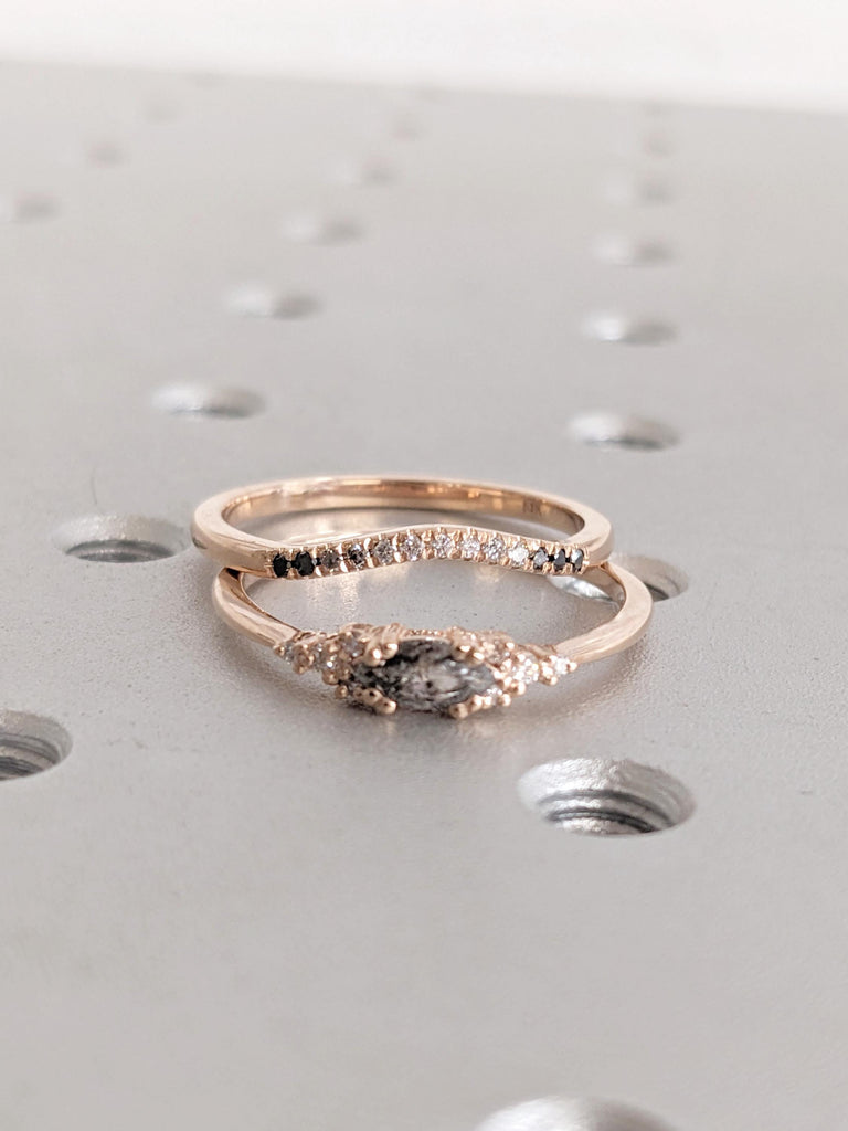 Marquise Cut Salt and Pepper Diamond Engagement Ring Set, 14K Rose Gold Ring, Curved Matching Ring, Minimalist Ring, Promise Ring For Her