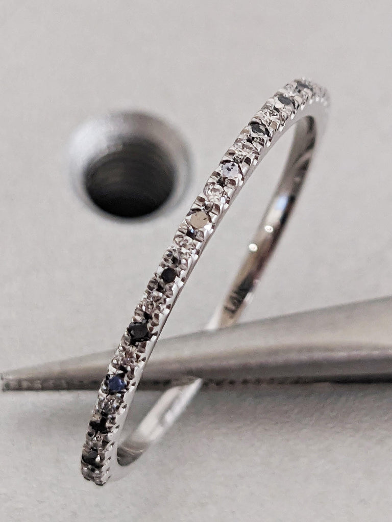 Dainty 14K Solid White Gold Black Diamond Matching Engagement Ring, Round Cut Pavé Diamond Thin Wedding Band