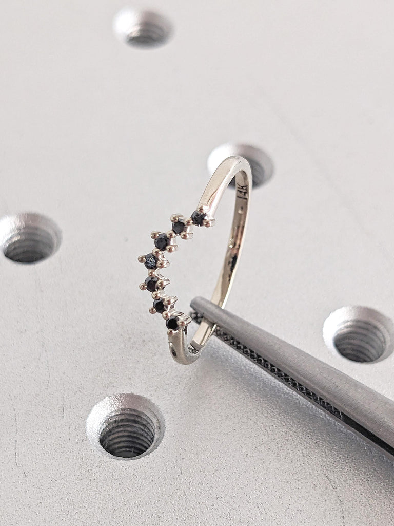 Black Diamond Band, Curved 14k White Gold Stacking Ring, Unique Wedding Band