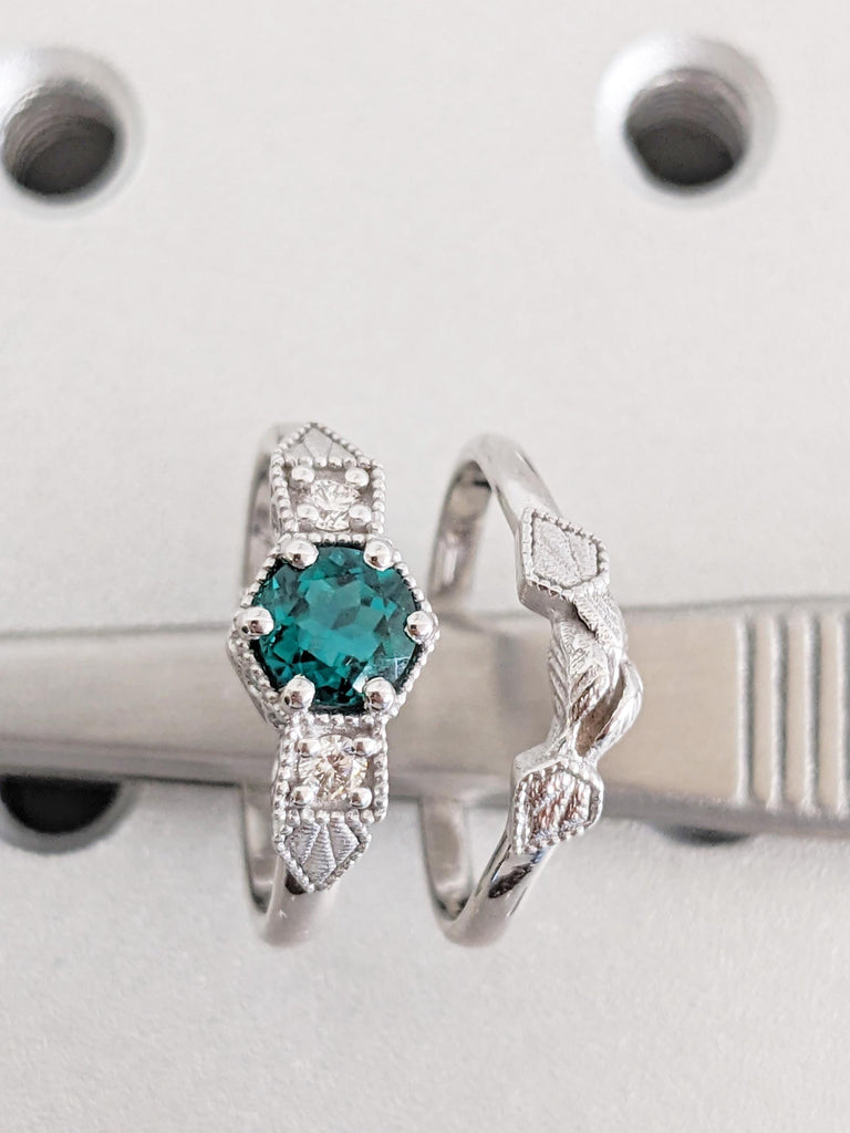 Vintage Emerald Ring, Emerald Engagement Ring, Wedding Ring Set, 14K White Gold Bridal Ring Set, May Birthstone Ring, Wedding Jewelry Gift