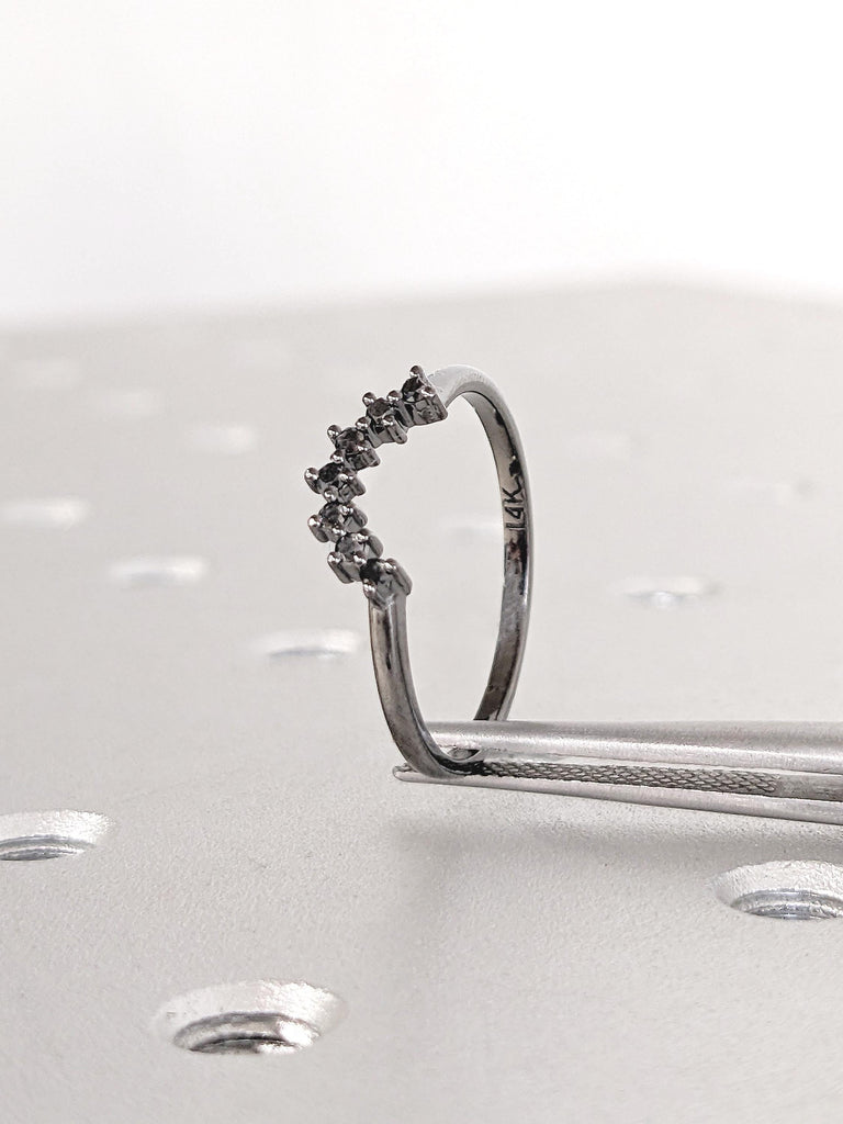 14k Black Gold Ring, Curved Diamond Stacking Ring, Natural Black Diamond Ring