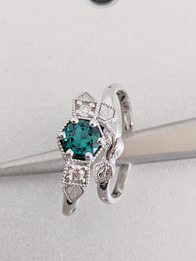 Vintage Emerald Wedding Ring Set: 14K White Gold Ring, Bridal Jewelry