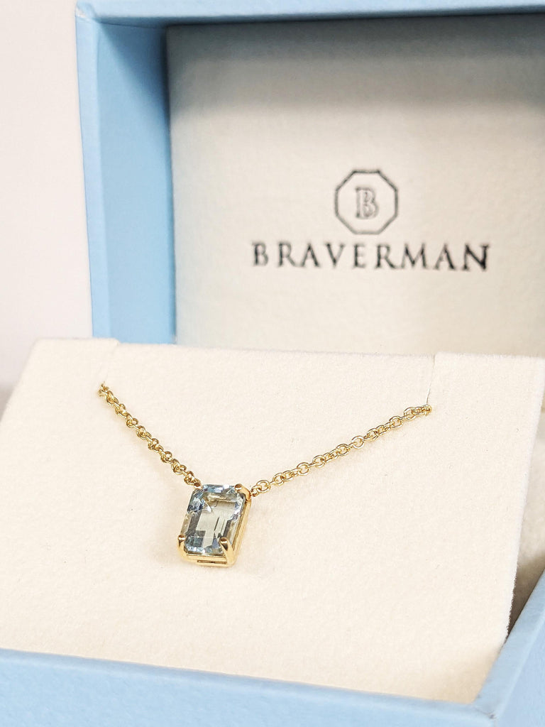 Custom Emerald Cut Lab Aquamarine Solitaire Necklace, 14K Solid Yellow Gold Pendant, Pisces Birthstone Necklace