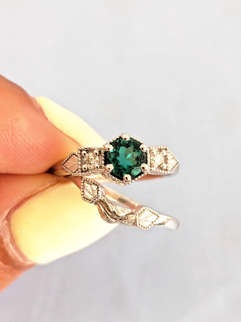 Lab Emerald and Moissanite Engagement Ring: 14K White Gold, Bridal Set