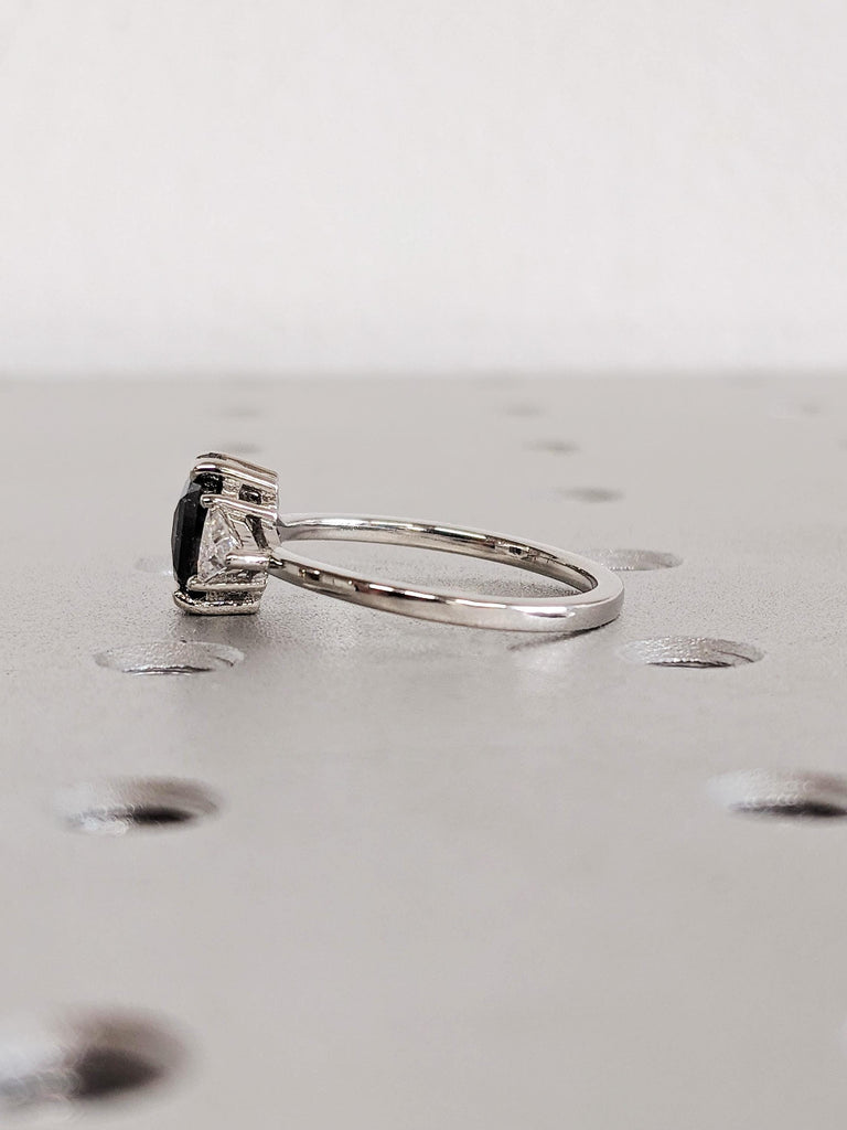 Platinum Raw Salt and Pepper Diamond Engagement Ring, Trillion Cut White Diamond Wedding Band, Custom Three Stone Wedding Anniversary Ring