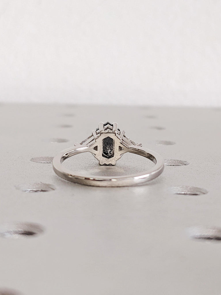 Hexagon Salt and Pepper Diamond Engagement Ring, Platinum Trillion Cut White Diamond Wedding Band, Multi Stone Bridal Jewelry