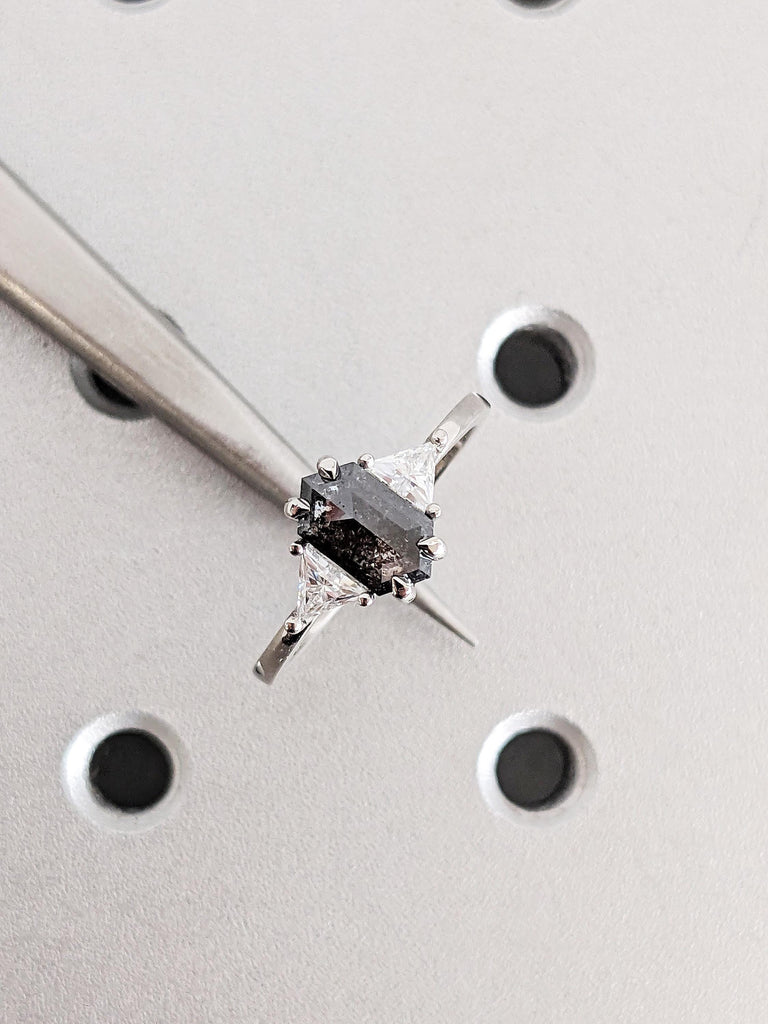 Platinum Raw Salt and Pepper Diamond Engagement Ring, Trillion Cut White Diamond Wedding Band, Custom Three Stone Wedding Anniversary Ring