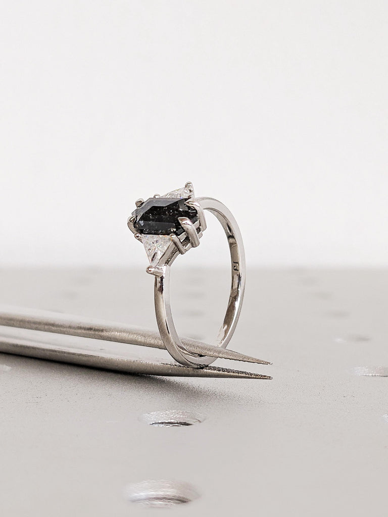 Platinum Raw Salt and Pepper Diamond Engagement Ring, Trillion Cut White Diamond Wedding Band, Custom Three Stone Wedding Anniversary Ring