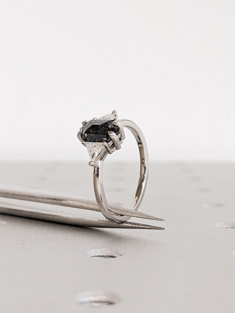 Hexagon Salt and Pepper Diamond Engagement Ring, Platinum Trillion Cut White Diamond Wedding Band, Multi Stone Bridal Jewelry