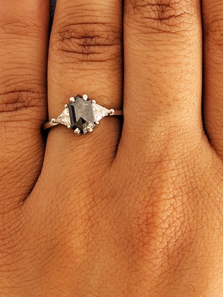 Platinum Raw Salt and Pepper Diamond Engagement Ring, Trillion Cut White Diamond Wedding Band, Custom Three Stone Wedding Anniversary Ring