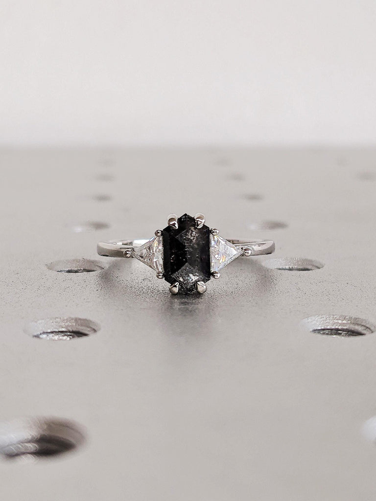 Platinum Raw Salt and Pepper Diamond Engagement Ring, Trillion Cut White Diamond Wedding Band, Custom Three Stone Wedding Anniversary Ring