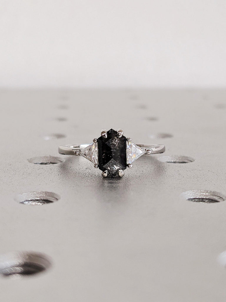 Hexagon Salt and Pepper Diamond Engagement Ring, Platinum Trillion Cut White Diamond Wedding Band, Multi Stone Bridal Jewelry