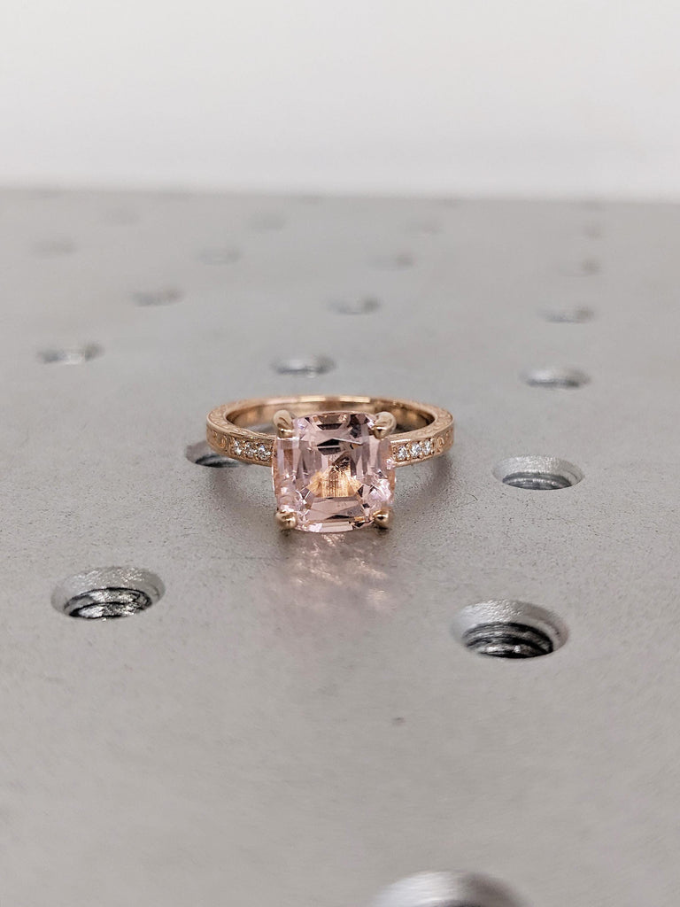 Cushion Cut Ring, Filigree Engagement Ring, Diamond, Garnet, Peach Morganite Ring, 14k Rose Gold Ring