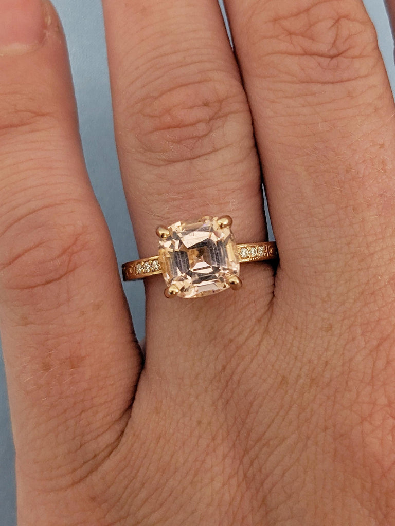 Cushion Cut Ring, Filigree Engagement Ring, Diamond, Garnet, Peach Morganite Ring, 14k Rose Gold Ring