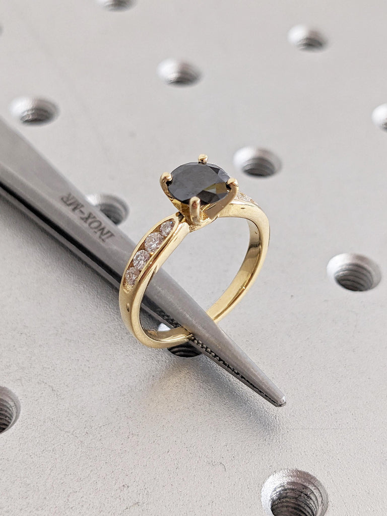 Black Diamond Wedding Ring, 1-4ct Round Cut Diamond Engagement Ring, 18k Yellow Gold Women's Ring