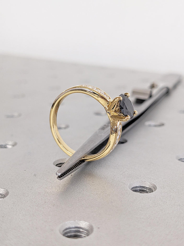 Round Black Diamond Ring, Vintage Engagement Ring, Art Deco 18k Solid Gold Ring, Natural Diamond Promise Ring for Her, Unique Bridal Ring