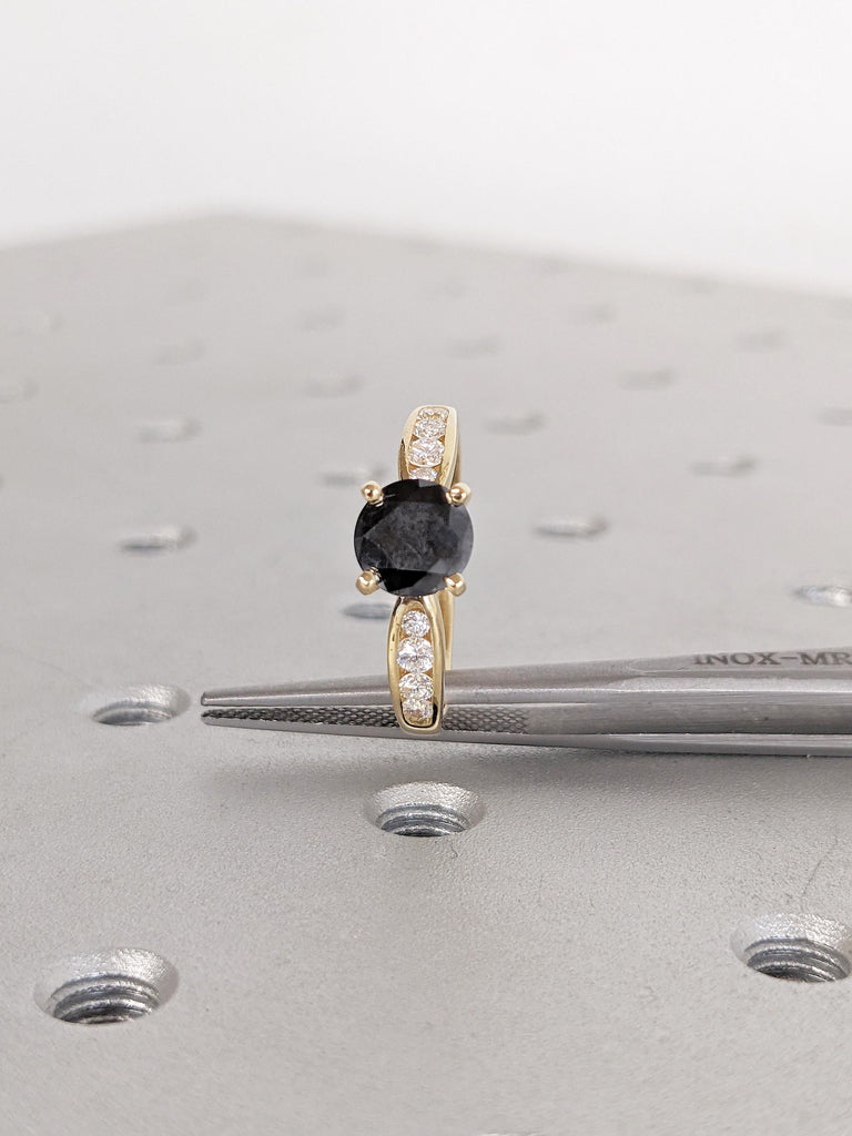 Round Black Diamond Ring, Vintage Engagement Ring, Art Deco 18k Solid Gold Ring, Natural Diamond Promise Ring for Her, Unique Bridal Ring