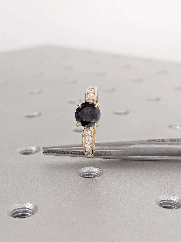 Black Diamond Wedding Ring, 1-4ct Round Cut Diamond Engagement Ring, 18k Yellow Gold Women's Ring
