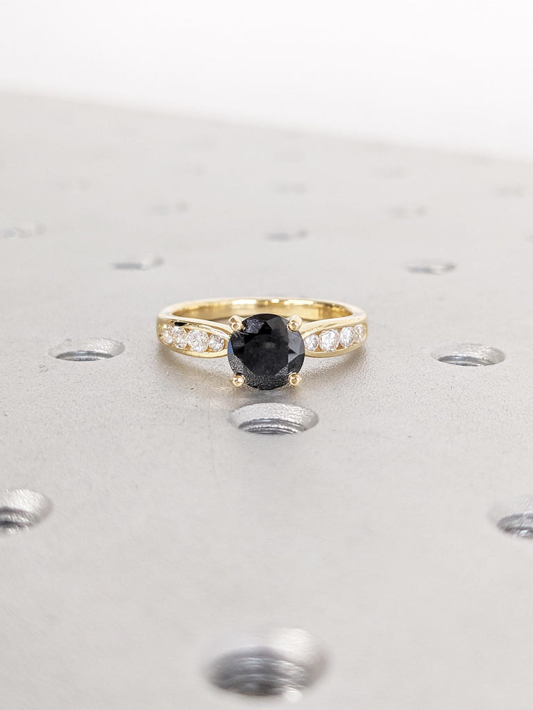Round Black Diamond Ring, Vintage Engagement Ring, Art Deco 18k Solid Gold Ring, Natural Diamond Promise Ring for Her, Unique Bridal Ring