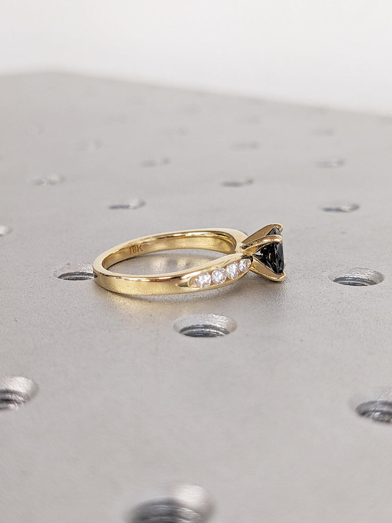 Round Black Diamond Ring, Vintage Engagement Ring, Art Deco 18k Solid Gold Ring, Natural Diamond Promise Ring for Her, Unique Bridal Ring