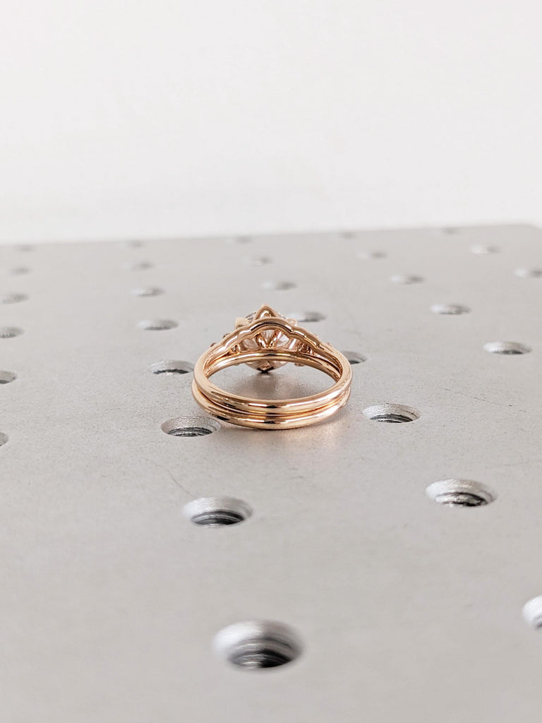 Moissanite Engagement Ring Set with Matching Wedding Band, 14K Rose Gold Bridal Ring Set, Snowdrift Diamond Cluster Wedding Ring, Bridal Set
