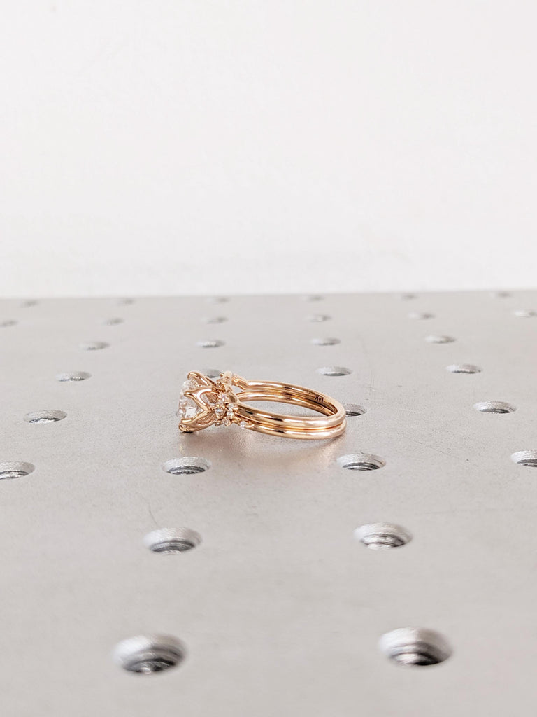 Moissanite Engagement Ring Set with Matching Wedding Band, 14K Rose Gold Bridal Ring Set, Snowdrift Diamond Cluster Wedding Ring, Bridal Set