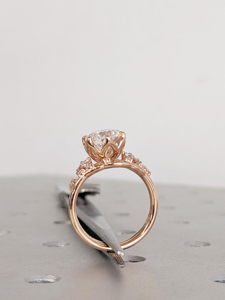 Moissanite Engagement Ring Set with Matching Wedding Band, 14K Rose Gold Bridal Ring Set, Snowdrift Diamond Cluster Wedding Ring, Bridal Set