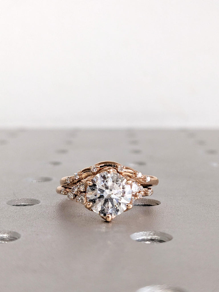 Moissanite Engagement Ring Set with Matching Wedding Band, 14K Rose Gold Bridal Ring Set, Snowdrift Diamond Cluster Wedding Ring, Bridal Set