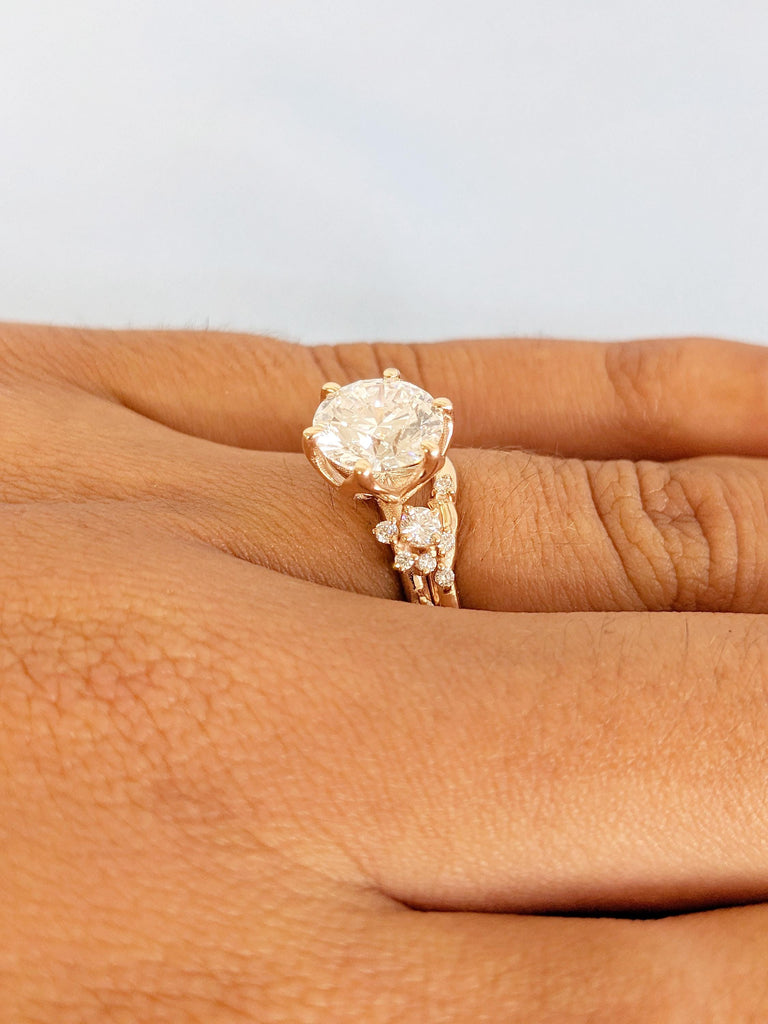 Moissanite Engagement Ring Set with Matching Wedding Band, 14K Rose Gold Bridal Ring Set, Snowdrift Diamond Cluster Wedding Ring, Bridal Set