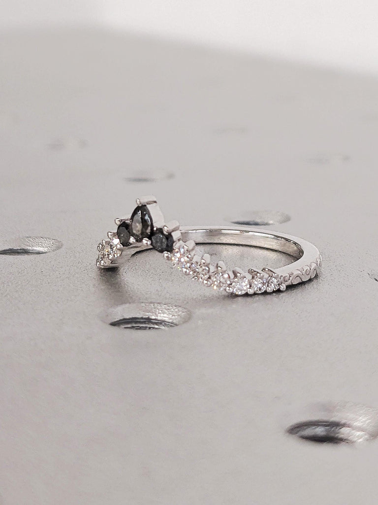 14K White Gold Crown Pear Salt and Pepper Diamond Matching Ring, Filigree Hand Engraved Band, Women's Stacking Ring