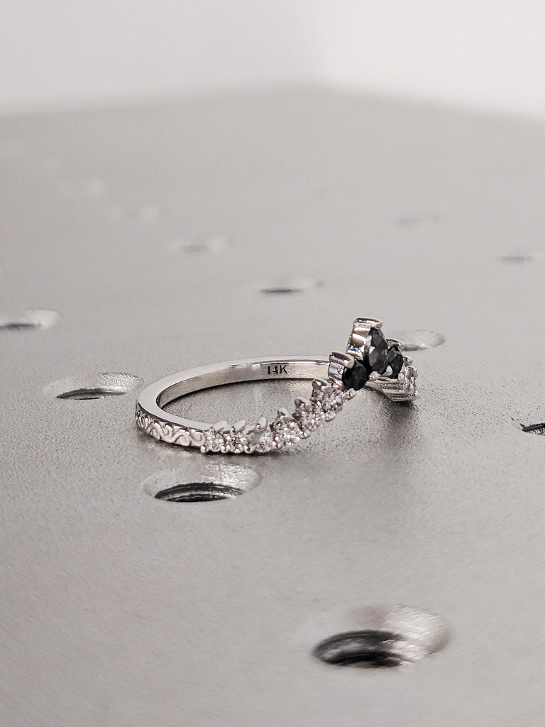 14K White Gold Crown Pear Salt and Pepper Diamond Matching Ring, Filigree Hand Engraved Band, Women's Stacking Ring